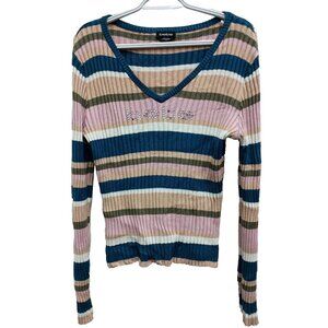 VTG Y2K BeBe Womens Spellout Logo Rainbow Sweater XL‎ Striped Ribbed Embellished